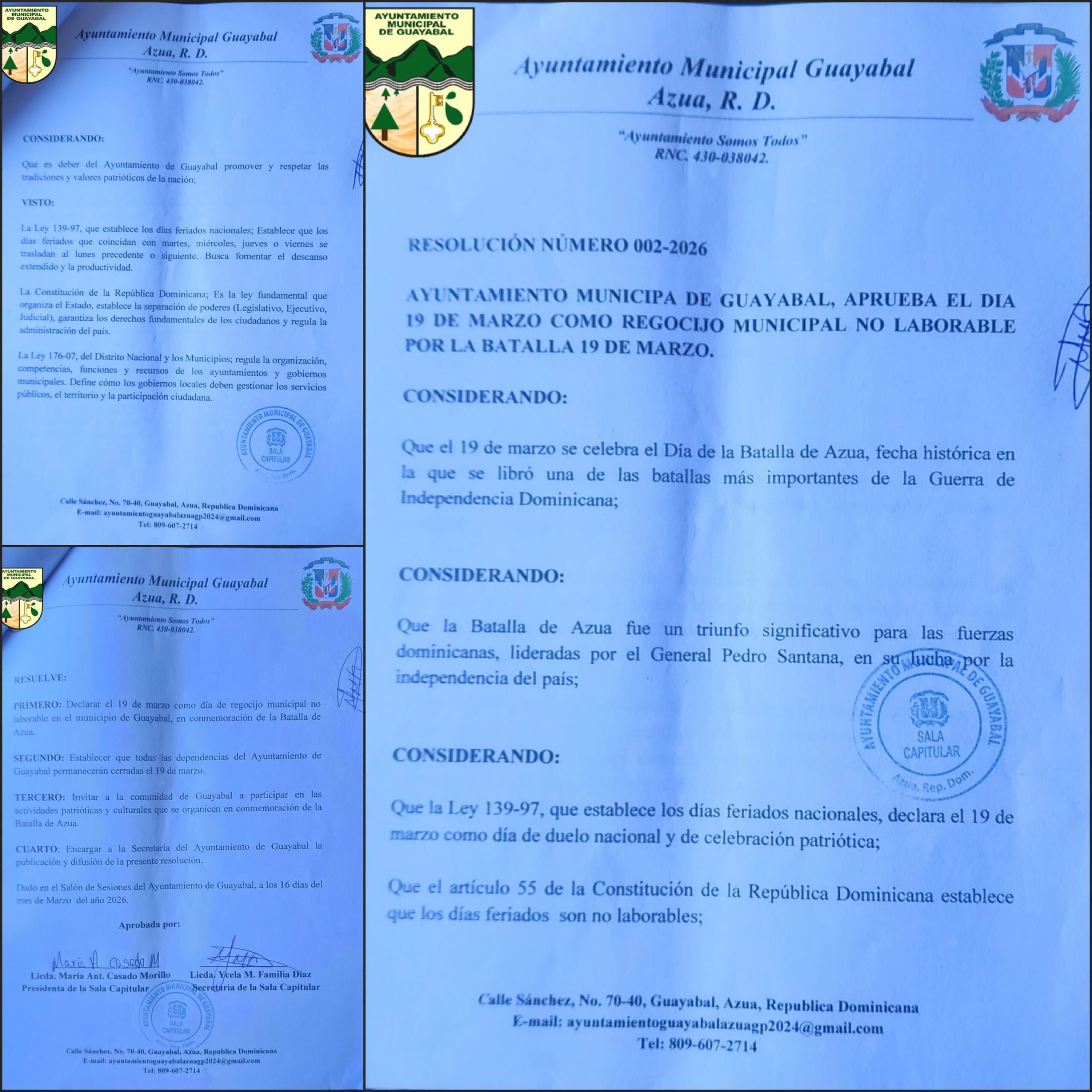 AYUNTAMIENTO MUNICIPA DE GUAYABAL, APRUEBA EL DIA19 DE MARZO COMO REGOCIJO MUNICIPAL NO LABORABLEPOR LA BATALLA 19 DE MARZO